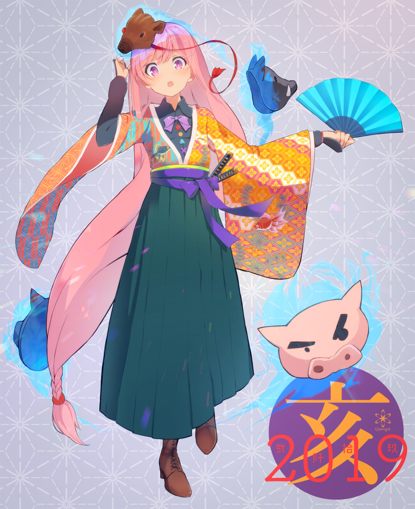 1girl 2019 artist_name black_shirt blush boar_mask boots bow bowtie braid brown_footwear chinese_zodiac collared_shirt commentary_request dated facing_viewer floral_print folding_fan full_body green_kimono grey_background hair_between_eyes hand_fan hand_up happy_new_year hata_no_kokoro highres holding holding_fan japanese_clothes katana kimono long_hair long_sleeves looking_at_viewer open_mouth orange_kimono pig_mask pink_hair purple_bow purple_bowtie purple_sash red_tassel sash shirt sidelocks simple_background single_braid solo standing sword touhou very_long_hair weapon wide-eyed wide_sleeves year_of_the_pig yudough