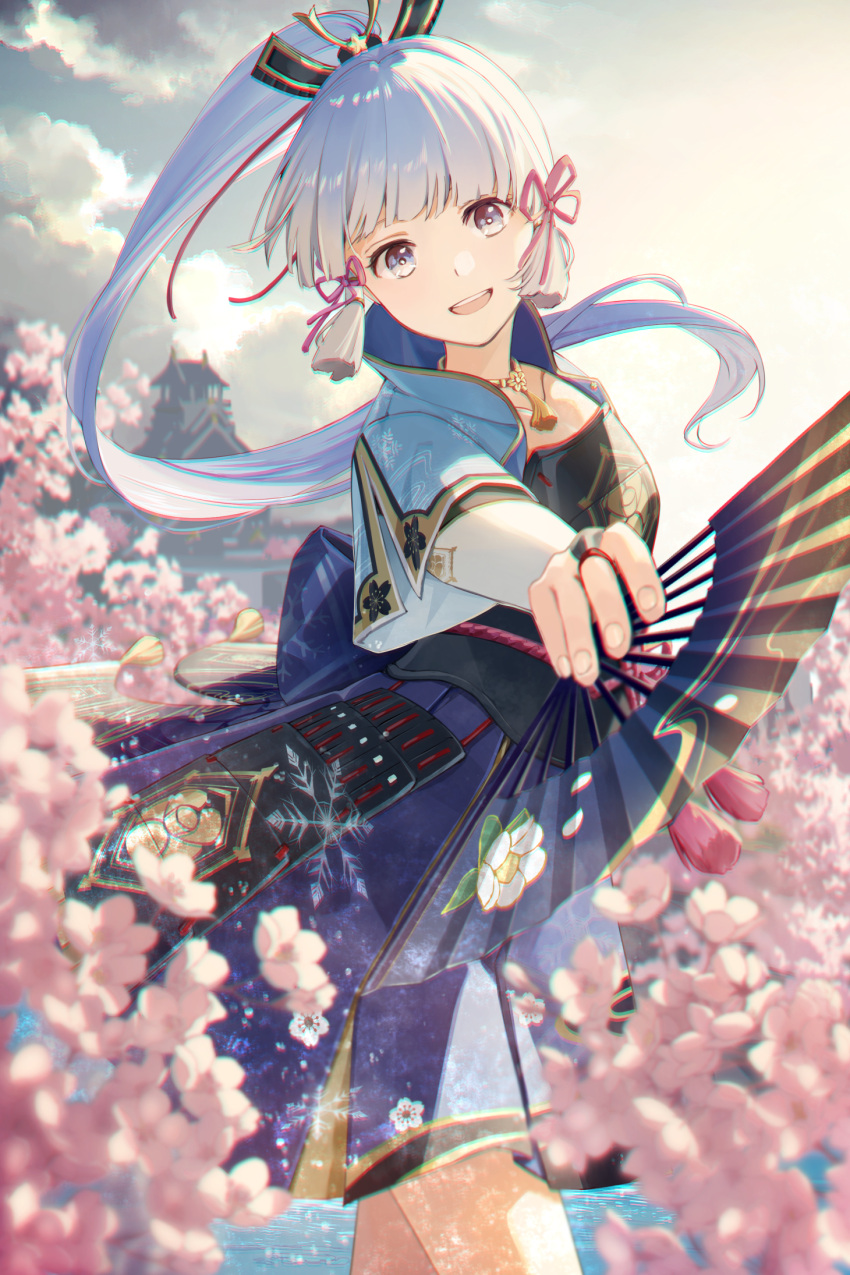 1girl architecture armor blue_eyes blue_hair blue_shirt blue_skirt blunt_bangs blunt_tresses cherry_blossoms clouds cloudy_sky commentary_request east_asian_architecture facing_viewer genshin_impact hair_ribbon hand_fan highres holding holding_fan japanese_clothes kamisato_ayaka light_blue_hair open_mouth ponytail red_ribbon ribbon shirt skirt sky smile solo sonota1616 teeth tress_ribbon upper_teeth_only