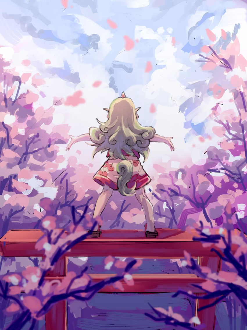 1girl brown_footwear cherry_blossoms curly_hair day falling_petals from_behind full_body geta green_hair highres horns komano_aunn long_hair outdoors outstretched_arms petals pink_shorts red_shirt shirt shorts shouxishao_jiuyuan single_horn sketch sky solo standing_on_torii tail torii touhou tree