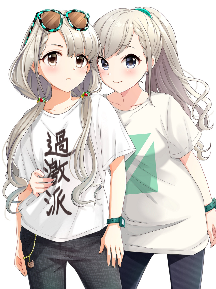 2girls absurdres black_pants blue_eyes blush bow braid braided_bangs brown_eyes closed_mouth collarbone earrings green_bow grey_hair hand_on_another's_hip highres hisakawa_hayate hisakawa_nagi idolmaster idolmaster_cinderella_girls idolmaster_cinderella_girls_starlight_stage jewelry long_hair looking_at_viewer low_twintails multiple_girls pants popon_ta print_shirt shirt siblings simple_background sisters smile sunglasses t-shirt twins twintails very_long_hair watch watch white_background white_shirt