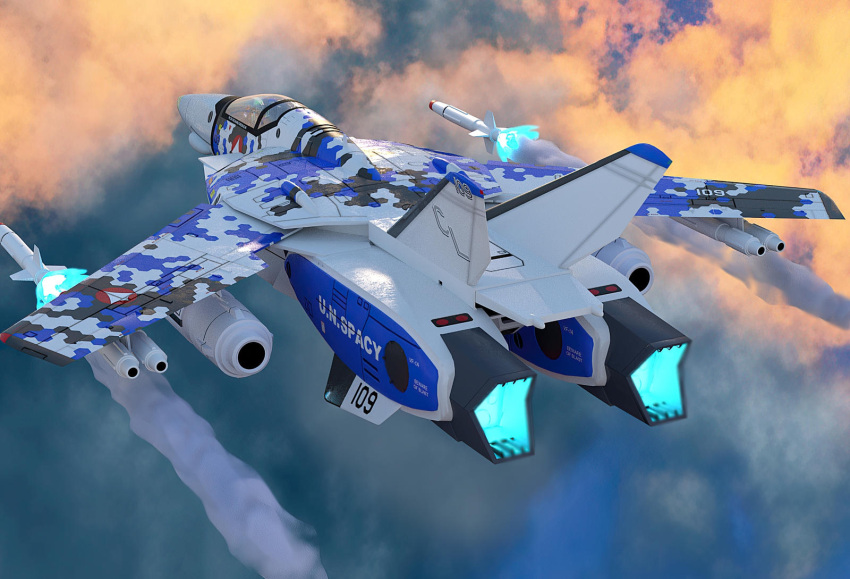 3d afterburner canopy_(aircraft) choujikuu_yousai_macross clouds contrail dapperman dusk english_commentary firing flying highres macross mecha missile nuclear_weapon photoshop_(medium) pilot poser_(medium) realistic robot robotech roundel science_fiction thrusters u.n._spacy variable_fighter vf-1