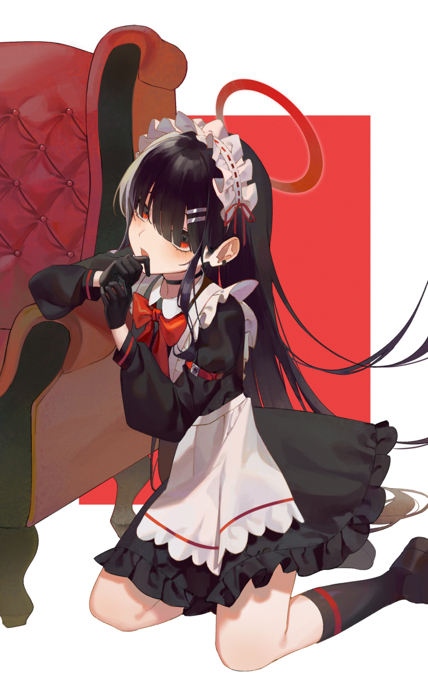 1girl alternate_costume apron arm_rest armchair black_choker black_dress black_gloves black_hair black_socks blue_archive blunt_bangs bow bowtie chair choker commentary_request dress earclip enmaided gloves hair_ornament hair_over_eyes hairclip halo hand_to_own_mouth head_tilt highres justice_committee_club_member_(blue_archive) kneeling light_blush long_hair looking_at_viewer maid maid_apron maid_headdress may.l on_floor open_mouth own_hands_together red_background red_bow red_bowtie shoes short_dress sleeve_garter socks solo two-tone_background very_long_hair white_background