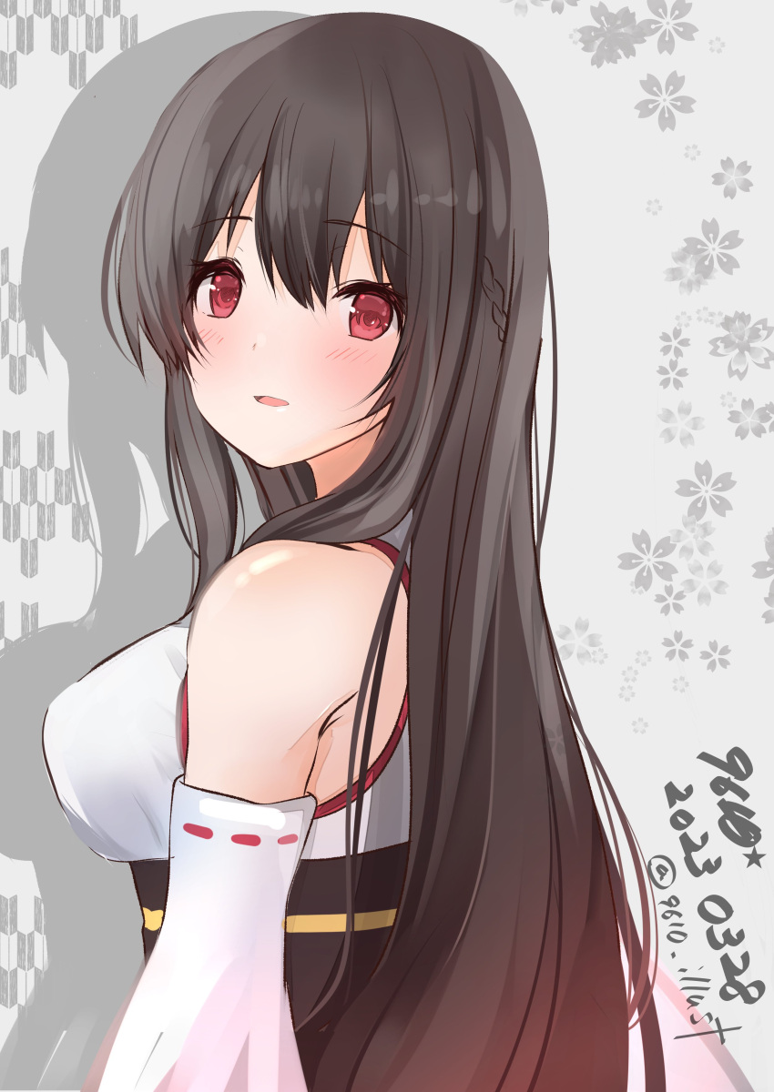 1girl absurdres artist_name black_hair breasts dated detached_sleeves eiji_(monochromexd) floral_background fusou_(kancolle) highres japanese_clothes kantai_collection large_breasts long_hair looking_at_viewer one-hour_drawing_challenge red_eyes ribbon-trimmed_sleeves ribbon_trim smile solo upper_body yagasuri