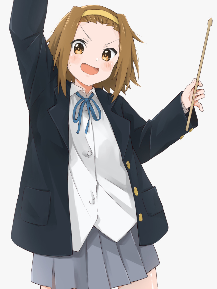 1girl :d absurdres arm_up black_jacket blazer blue_ribbon blush brown_eyes brown_hair buttons collared_shirt commentary_request cowboy_shot drumsticks forehead ga_owo grey_skirt hairband highres holding holding_drumsticks jacket k-on! looking_at_viewer neck_ribbon open_clothes open_jacket open_mouth pleated_skirt pocket ribbon sakuragaoka_high_school_uniform school_uniform shirt short_hair simple_background skirt smile solo standing tainaka_ritsu untucked_shirt white_background white_shirt winter_uniform yellow_hairband