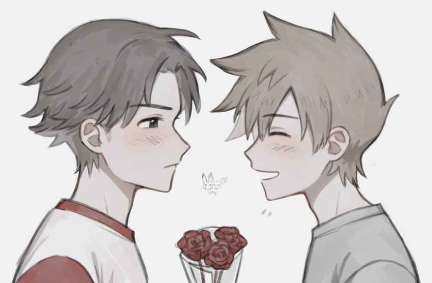 2boys blue_oak blush bouquet brown_hair closed_eyes closed_mouth flower from_side highres looking_at_another male_focus multiple_boys open_mouth pokemon pokemon_(game) pokemon_sm raglan_sleeves red_(pokemon) reguris shirt short_hair smile upper_body white_background