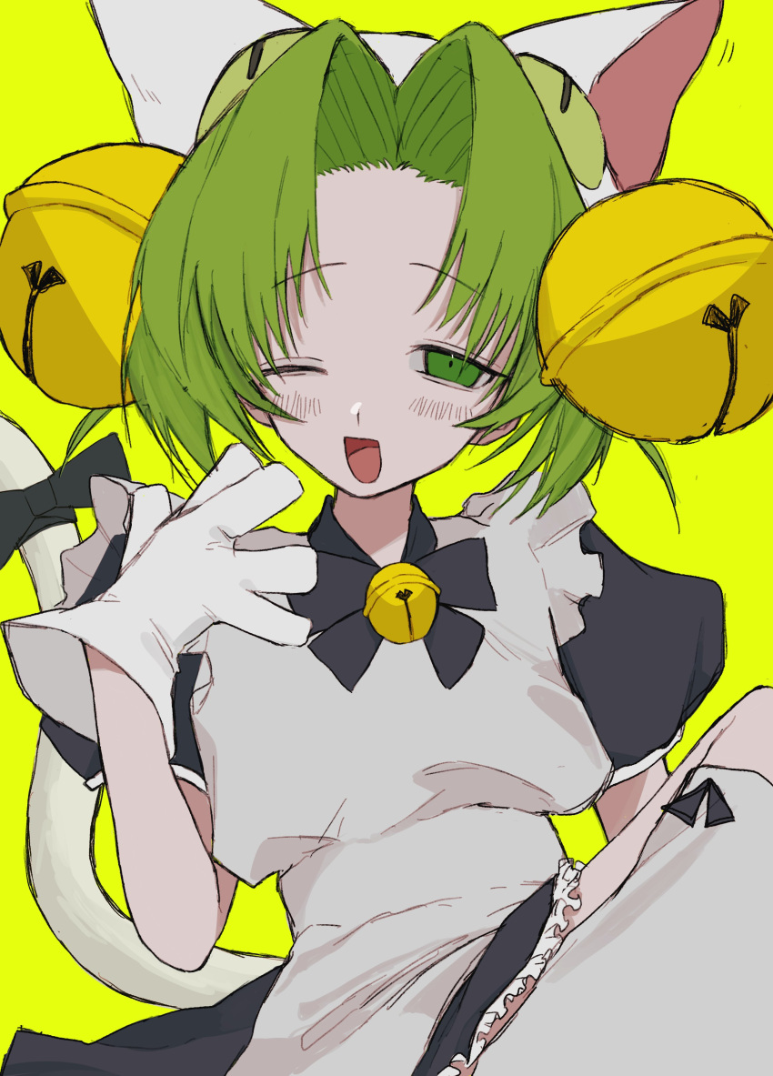 1girl absurdres animal_hat apron bell black_bow black_bowtie bow bowtie cat_hat cat_tail dejiko di_gi_charat gloves green_background green_eyes green_hair hat highres jingle_bell looking_at_viewer maid maid_apron medium_hair open_mouth puffy_short_sleeves puffy_sleeves short_sleeves simple_background smile solo tail upper_body white_gloves white_headwear white_tail z_p4e
