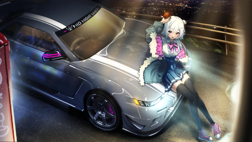 1girl :d arm_up black_thighhighs blue_skirt bow bowtie car collared_shirt crown english_text fur-trimmed_jacket fur_trim ground_vehicle hair_bun highres jacket koharu_rikka light_particles looking_at_viewer mini_crown motor_vehicle night nissan_s13_silvia nissan_silvia open_clothes open_jacket pink_bow pink_bowtie pink_eyes pink_footwear pleated_skirt shirt shirt_tucked_in shoes short_hair sitting_on_car skirt smile sneakers solo synthesizer_v thigh-highs white_hair white_shirt wide_shot you'a