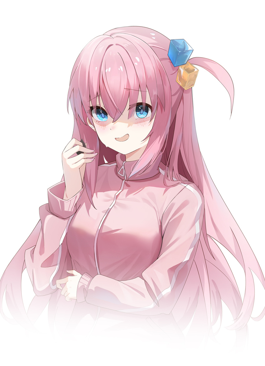 1girl blue_eyes blush bocchi_the_rock! breasts cropped_torso cube_hair_ornament debu_xiao_huajiang gotou_hitori hair_between_eyes hair_ornament hand_up highres holding jacket long_sleeves looking_at_viewer medium_breasts nervous_smile one_side_up open_mouth pink_hair pink_jacket puffy_long_sleeves puffy_sleeves simple_background smile solo sweat upper_body white_background