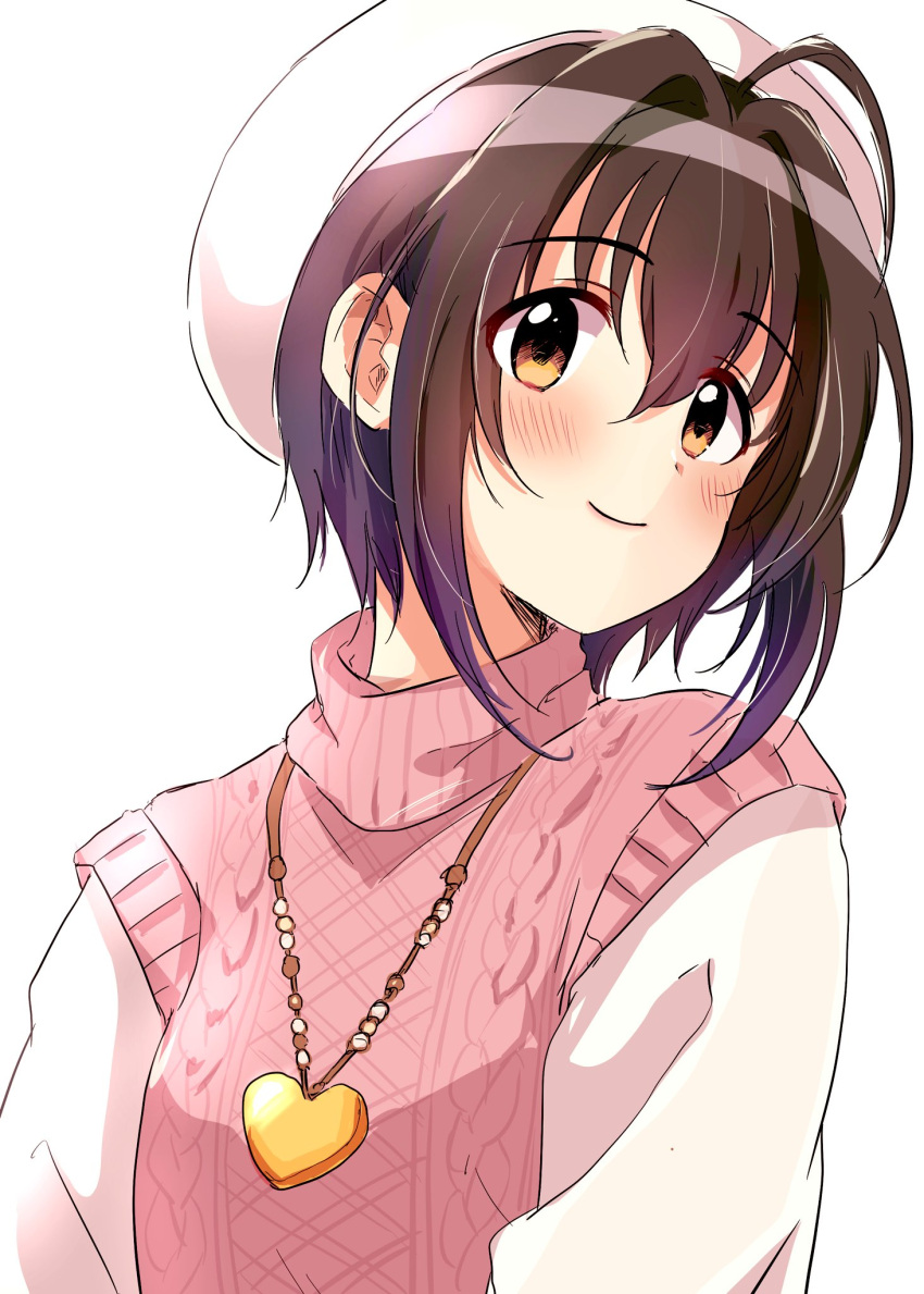 1girl ahoge black_hair blush brown_eyes closed_mouth heart heart_necklace highres idolmaster idolmaster_cinderella_girls idolmaster_cinderella_girls_starlight_stage jewelry kohinata_miho looking_at_viewer necklace pink_vest potesara888 short_hair short_sleeves simple_background smile solo sweater vest white_background white_headwear white_sweater