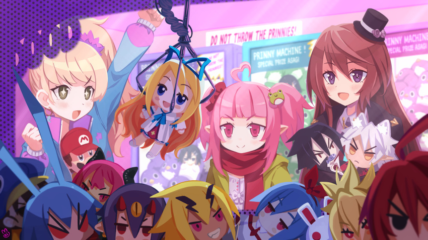 +_+ 6+boys 6+girls adell_(disgaea) ahoge angry antenna_hair arcade arm_up bags_under_eyes black_eyes black_hair blonde_hair blue_eyes blue_hair brown_hair character_doll character_request crane_game demon_horns desco_(disgaea) disgaea disgaea_rpg dress earrings english_text fenrich_(disgaea) flonne hair_between_eyes hat heart heart_ahoge highres hoop_earrings horns jacket jewelry laharl light_blush long_hair makai_senki_disgaea mario meiwakunaa mini_hat multiple_boys multiple_girls open_clothes open_jacket open_mouth pink_eyes pink_hair pleinair pointy_ears poster_(object) prinny purple_hair raspberyl red_eyes red_ribbon red_scarf redhead ribbon rozalin scarf short_hair side_ponytail smile sparkling_eyes stuffed_toy super_mario_bros. teeth thick_eyebrows twintails valvatorez_(disgaea) very_long_hair white_hair