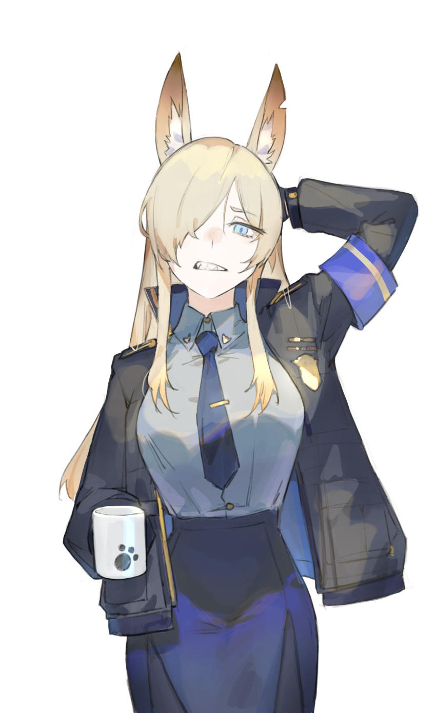 1girl absurdres animal_ear_fluff animal_ears arm_up armband black_gloves black_jacket blonde_hair blue_archive blue_eyes blue_necktie blue_skirt breasts clenched_teeth collared_shirt cowboy_shot cup gloves hair_over_one_eye hand_on_own_head highres holding holding_cup jacket kanna_(blue_archive) long_hair long_sleeves looking_at_viewer lucadark_art medium_breasts necktie notched_ear open_clothes open_jacket sharp_teeth shirt shirt_tucked_in simple_background skirt solo teeth white_background