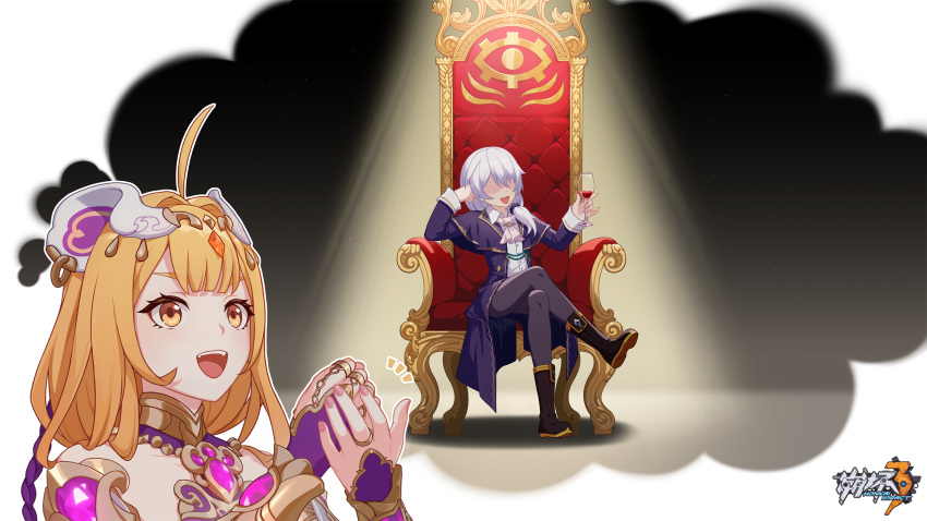 2girls ahoge arabian_clothes black_footwear chair chinese_commentary clenched_hand cosplay crossed_legs cup drinking_glass hand_on_own_head highres holding holding_cup honkai_(series) honkai_impact_3rd jewelry logo long_hair multiple_girls no_eyes official_art official_wallpaper open_mouth orange_eyes orange_hair otto_apocalypse otto_apocalypse_(cosplay) ring susannah_(honkai_impact) susannah_(valkyrie_quicksand) teeth theresa_apocalypse thinking upper_teeth_only white_hair wine_glass