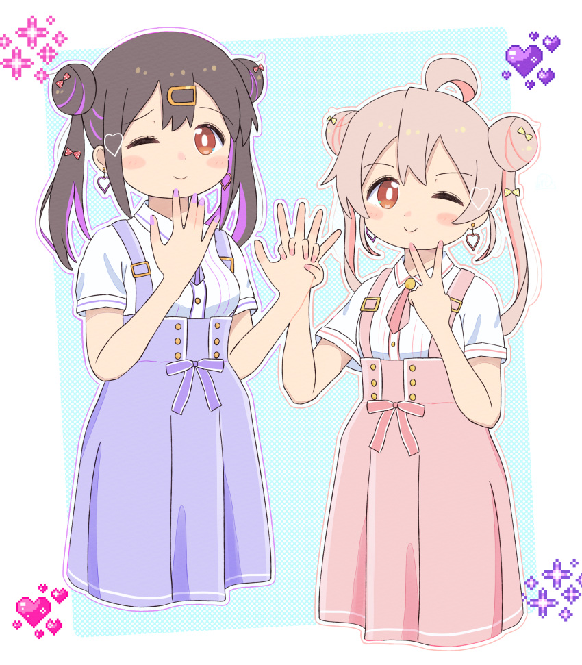 2girls ;) absurdres ahoge alternate_hairstyle black_hair blush_stickers brown_eyes commentary cropped_legs double_bun dress earrings hair_between_eyes hair_bun hair_ornament hairclip heart heart_earrings highres holding_hands interlocked_fingers inward_v jewelry long_hair looking_at_viewer multicolored_hair multiple_girls nail_polish necktie omochi_tabeyo97 one_eye_closed onii-chan_wa_oshimai! outline oyama_mahiro oyama_mihari pinafore_dress pink_dress pink_hair pink_nails purple_dress purple_hair purple_nails shirt short_necktie short_sleeves siblings simple_background sisters smile sparkle twintails two-tone_hair white_outline white_shirt