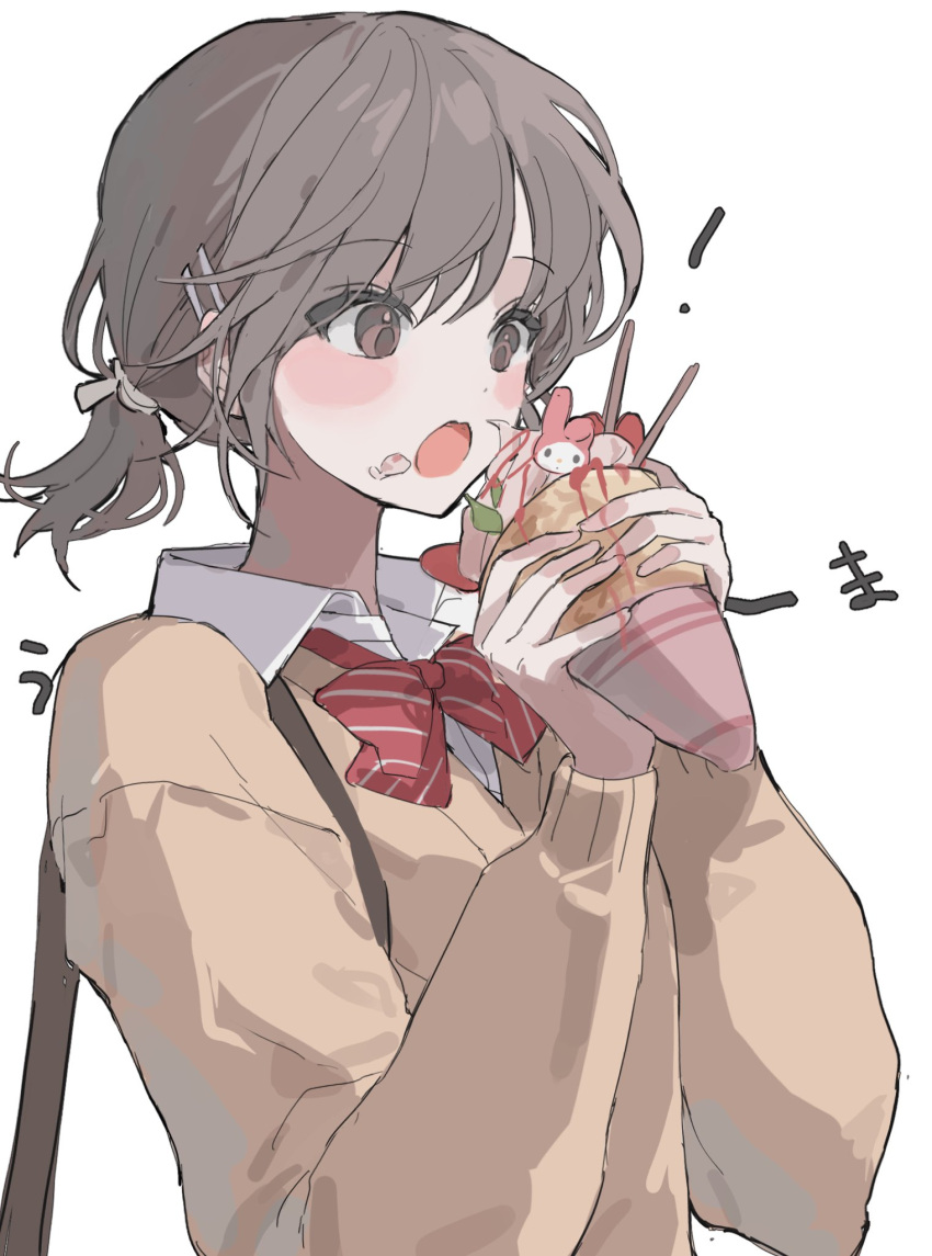 ! 1girl :o bow bowtie brown_cardigan brown_eyes brown_hair cardigan collared_shirt crepe food food_on_face gyono hair_bow hair_ornament highres holding holding_food kamiyama_high_school_uniform_(project_sekai) korean_commentary looking_at_food open_mouth project_sekai red_bow red_bowtie school_uniform shinonome_ena shirt short_hair simple_background solo striped striped_bow striped_bowtie upper_body white_background white_shirt