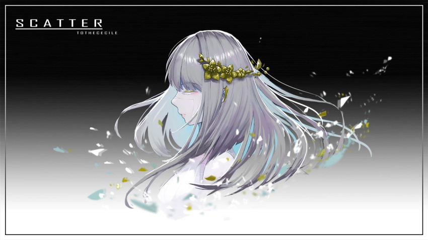 1girl android blue_hair blush character_name closed_eyes colored_inner_hair colored_skin eyeshadow floating_hair grey_hair grey_shirt grey_skin hair_behind_ear head_wreath highres indie_virtual_youtuber long_hair makeup maoyu_baiyue metal_skin multicolored_hair petals pink_lips profile shirt sleeveless sleeveless_shirt solo the_cecile_(vtuber) virtual_youtuber yellow_eyeshadow