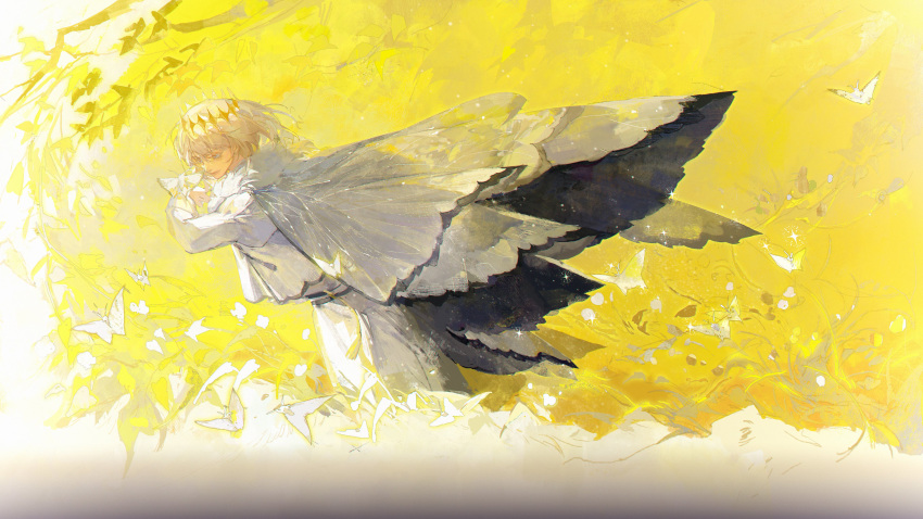 1boy absurdres arthropod_boy blue_eyes branch bug butterfly butterfly_wings cape cloak closed_mouth crown diamond_hairband eucharist_(susukinoo) fate/grand_order fate_(series) fur-trimmed_cape fur-trimmed_cloak fur_trim grey_hair highres insect_wings long_sleeves male_focus medium_hair oberon_(fate) shirt solo white_shirt wings yellow_background