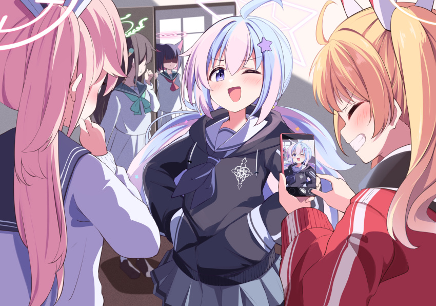 4girls 5girls acchii_(akina) ahoge airi_(blue_archive) animal_ears black_hair blonde_hair blue_archive blush cat_ears cellphone commentary_request door hair_between_eyes hair_ornament halo highres holding holding_phone jacket kazusa_(blue_archive) long_hair medium_hair multiple_girls natsu_(blue_archive) one_eye_closed open_mouth phone pink_hair reisa_(blue_archive) school_uniform shaded_face side_ponytail violet_eyes yoshimi_(blue_archive)