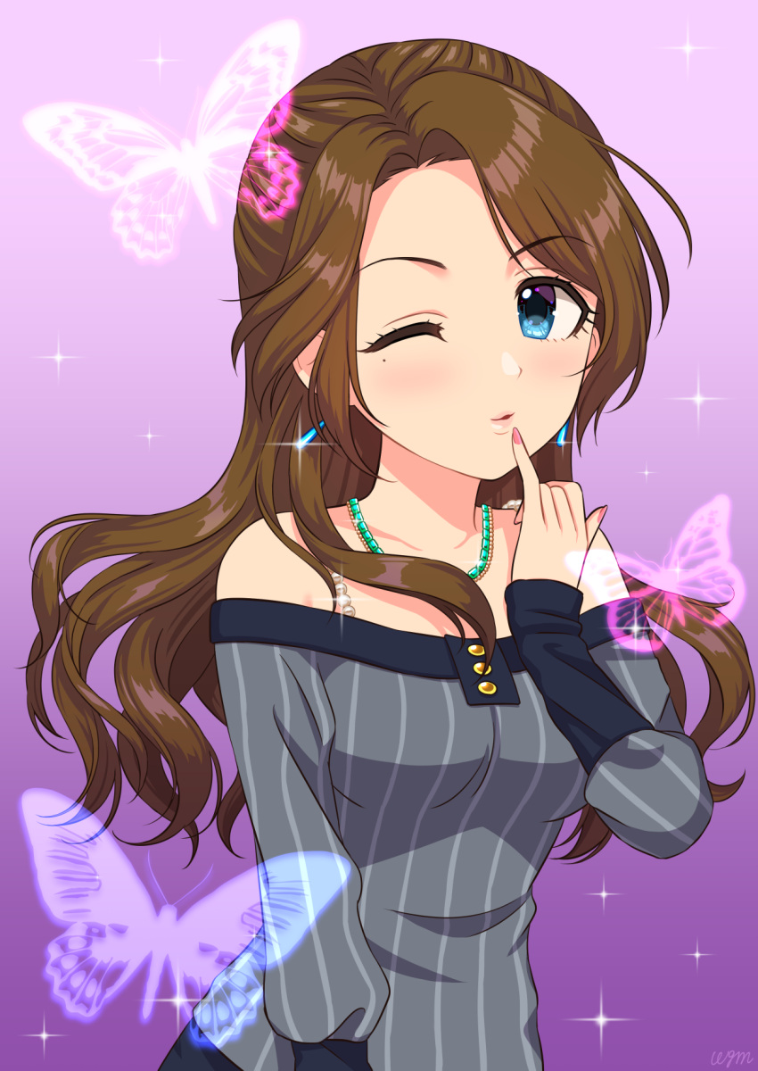 1girl artist_name bare_shoulders blue_eyes breasts brown_hair bug butterfly collarbone earrings gradient_background grey_shirt highres idolmaster idolmaster_cinderella_girls idolmaster_cinderella_girls_starlight_stage jewelry kishibe_ayaka long_hair long_sleeves medium_breasts mole mole_under_eye necklace one_eye_closed parted_lips pink_nails purple_background shirt simple_background solo striped striped_shirt wgm_oekaki