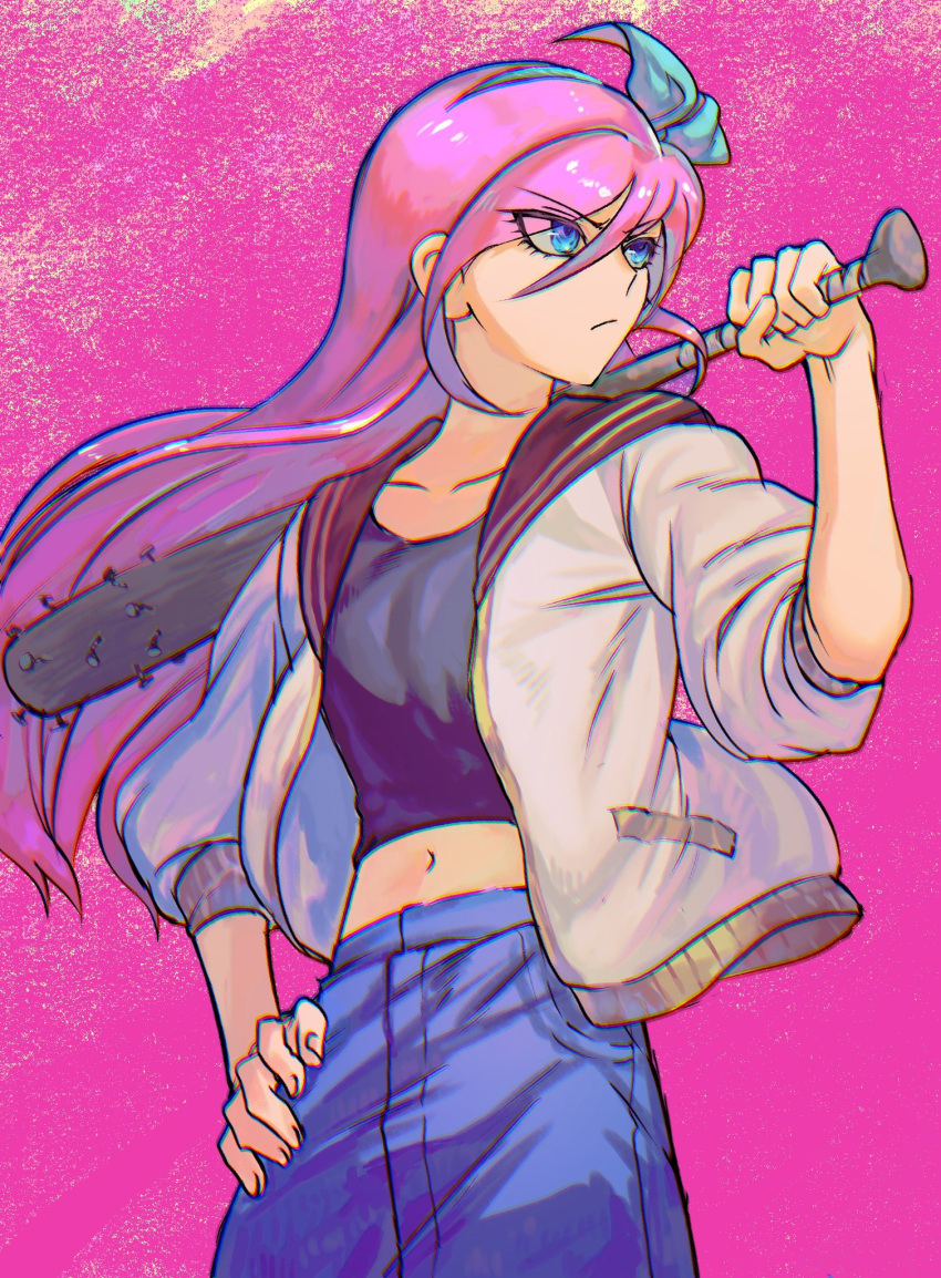 1girl aqua_bow arugen aubrey_(omori) baseball_bat black_shirt blue_eyes bow cowboy_shot crop_top denim denim_skirt hair_between_eyes hair_bow hand_on_own_hip highres holding holding_weapon jacket juvenile long_hair long_sleeves looking_to_the_side midriff nail nail_bat navel omori open_clothes open_jacket over_shoulder pink_background pink_hair sailor_collar shirt skirt solo teenage tomboy weapon weapon_over_shoulder white_jacket young