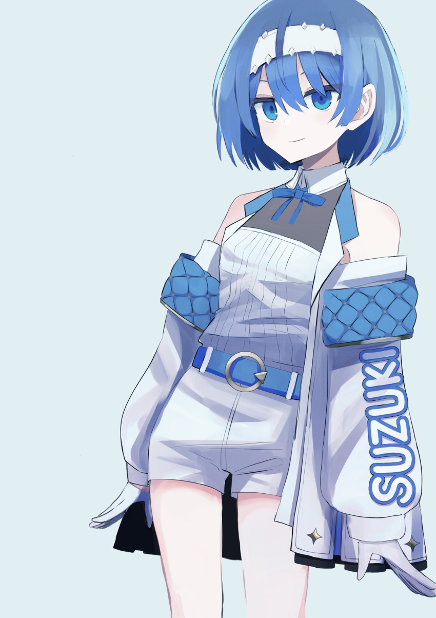 1girl bare_shoulders belt blue_belt blue_eyes blue_ribbon cevio character_name closed_mouth commentary feet_out_of_frame gloves grey_background hairband highres jacket long_sleeves looking_at_viewer neck_ribbon oboroge_faint off_shoulder quilted_clothes ribbed_shirt ribbon romaji_text shirt shirt_tucked_in short_hair short_shorts shorts simple_background smile solo suzuki_tsudumi white_gloves white_hairband white_jacket white_shirt white_shorts