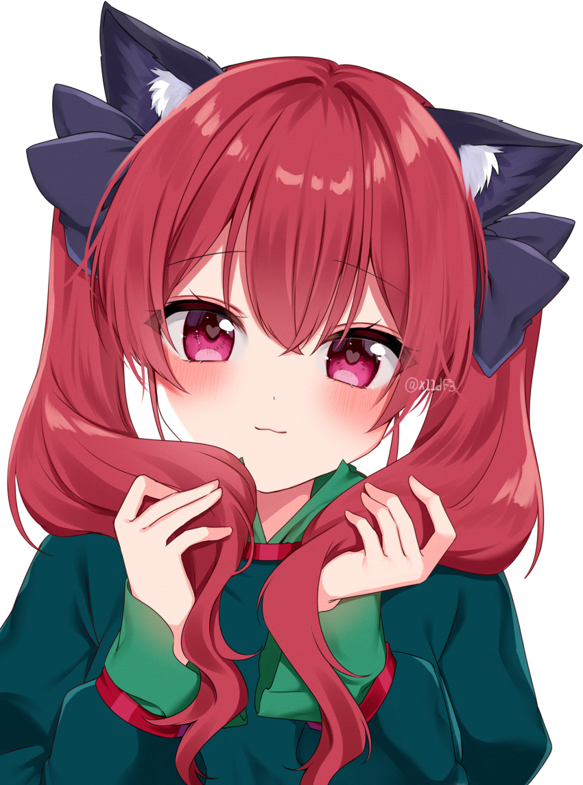 1girl alternate_hairstyle animal_ears blush cat_ears closed_mouth hands_in_hair heart heart-shaped_pupils highres kaenbyou_rin long_hair looking_at_viewer red_eyes redhead shinonome_asu simple_background solo symbol-shaped_pupils touhou twintails twitter_username upper_body white_background