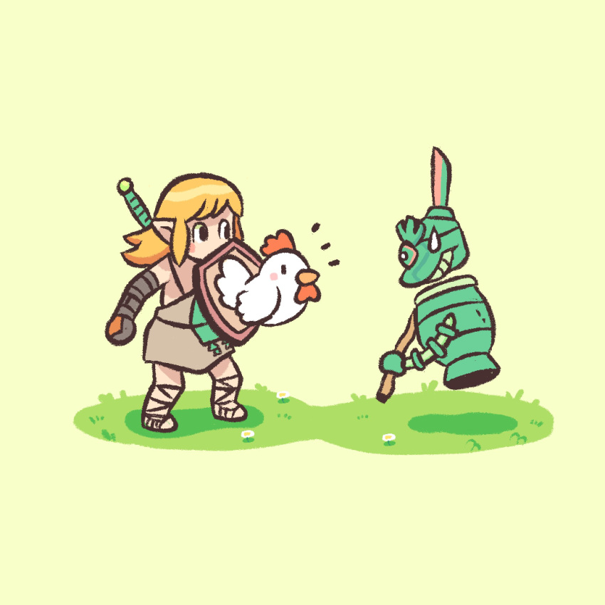 1boy blonde_hair chibi construct_(zelda) cucco eto2d full_body fuse_(zelda) grass highres holding holding_shield humanoid_robot link long_hair pointy_ears robot shield simple_background standing the_legend_of_zelda the_legend_of_zelda:_tears_of_the_kingdom weapon weapon_on_back