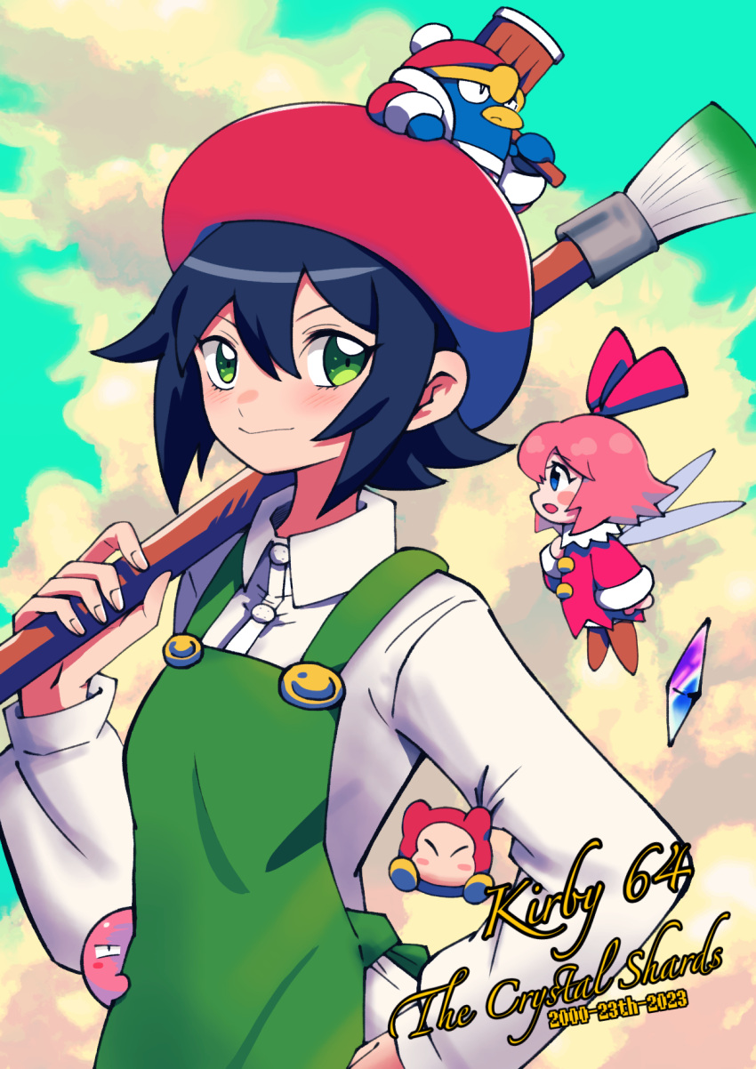 2girls 3boys adeleine batchgooya black_hair blue_eyes blue_sky blush fairy_wings green_eyes green_overalls highres king_dedede kirby kirby_(series) kirby_64 looking_at_viewer multiple_boys multiple_girls paintbrush pink_hair red_headwear red_ribbon ribbon ribbon_(kirby) short_hair sky waddle_dee wings