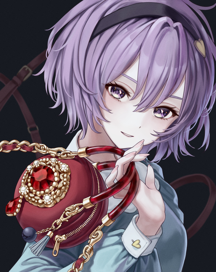 1girl absurdres bag bag_charm black_background black_hairband blue_shirt charm_(object) gem grin hairband hand_up handbag heart highres holding holding_bag komeiji_satori long_sleeves looking_at_viewer purple_hair red_bag red_gemstone shirt short_hair smile solo torinari_(dtvisu) touhou upper_body violet_eyes