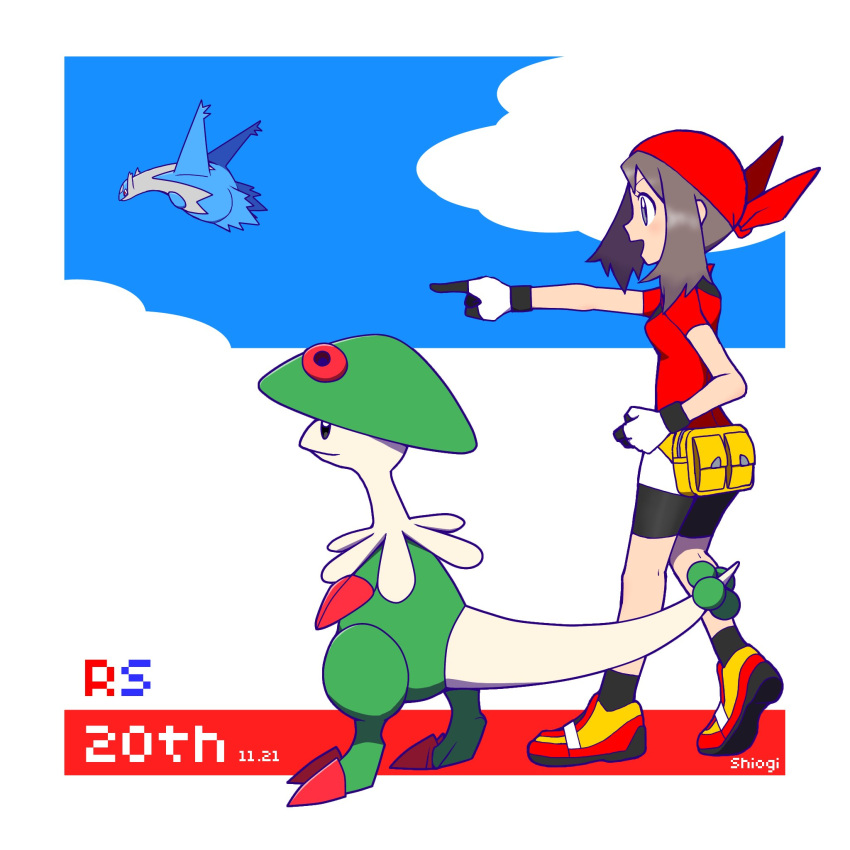 1girl :d anniversary artist_name bandana bike_shorts black_socks breloom brown_hair clouds commentary_request dated fanny_pack from_side gloves grey_eyes highres kneepits latios may_(pokemon) open_mouth pointing pokemon pokemon_(creature) pokemon_(game) pokemon_rse red_bandana red_shirt shiogi_(riza_49) shirt shoes short_sleeves skirt sky smile socks standing white_gloves white_skirt yellow_bag yellow_footwear