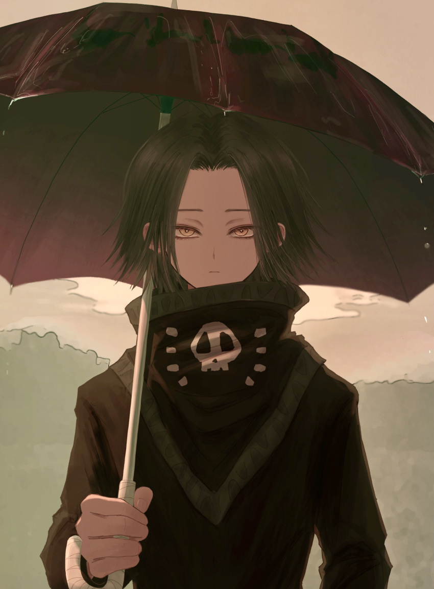 1boy absurdres aota_uno commentary_request feitan_portor green_hair highres holding holding_umbrella hunter_x_hunter long_sleeves looking_at_viewer male_focus outdoors short_hair solo umbrella yellow_eyes