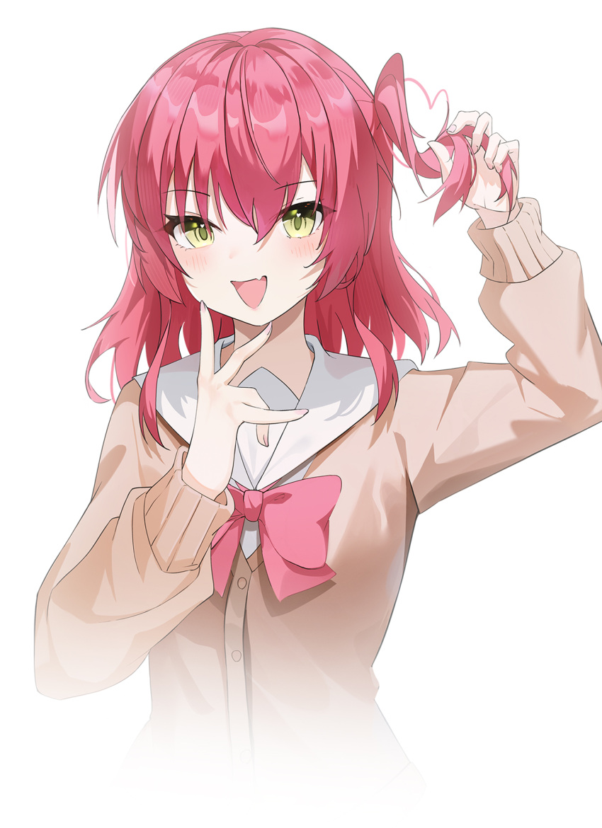 1girl :d arm_up blush bocchi_the_rock! bow brown_cardigan cardigan cropped_torso debu_xiao_huajiang hair_between_eyes highres holding holding_hair kita_ikuyo long_hair long_sleeves looking_at_viewer one_side_up pink_bow puffy_long_sleeves puffy_sleeves redhead simple_background smile solo upper_body white_background yellow_eyes