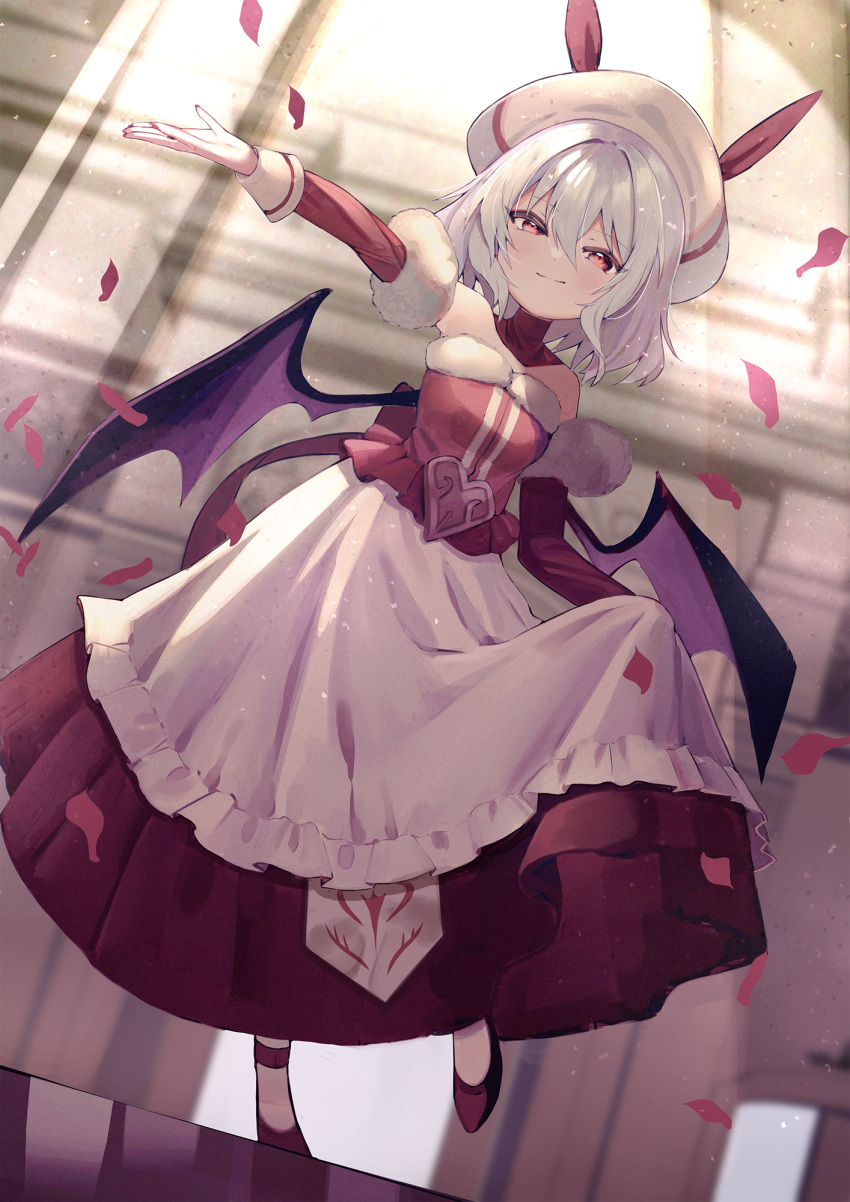 1girl alternate_costume apron arm_up bat_wings black_wings blue_hair closed_mouth detached_sleeves falling_petals full_body fur-trimmed_shirt fur-trimmed_sleeves fur_trim hair_between_eyes heart highres light_blue_hair long_skirt looking_at_viewer medium_hair petals red_eyes red_footwear red_shirt red_skirt red_sleeves remilia_scarlet shirt skirt smile solo strapless strapless_shirt touhou white_apron white_headwear wings yuki_(popopo)