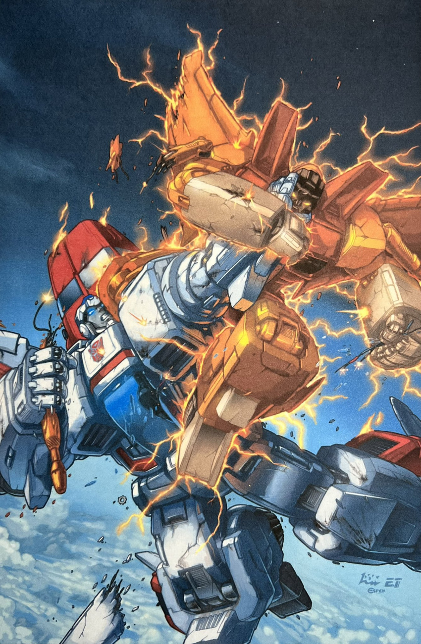 autobot blue_eyes clenched_hands clenched_teeth collaboration comic_cover cover_image damaged decepticon don_allan_figueroa elaine_to espen_grundetjern fighting glowing glowing_eye glowing_eyes highres jetfire mecha no_humans official_art orange_eyes robot sky space starscream teeth transformers