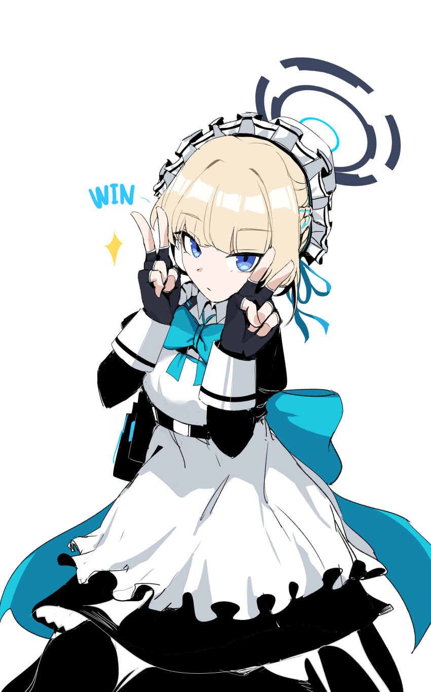 1girl absurdres black_gloves blonde_hair blue_archive blue_eyes double_v expressionless fingerless_gloves gloves halo highres looking_at_viewer maid maid_headdress plentyofempty simple_background solo toki_(blue_archive) v white_background