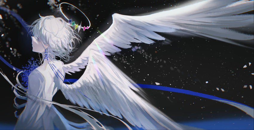 1boy absurdres amon_(lord_of_the_mysteries) angel angel_wings baicumikuo chinese_commentary commentary_request earrings empty_eyes galaxy halo highres jewelry looking_at_viewer looking_back lord_of_the_mysteries outdoors ribs short_hair smile solo space white_eyes white_hair wings