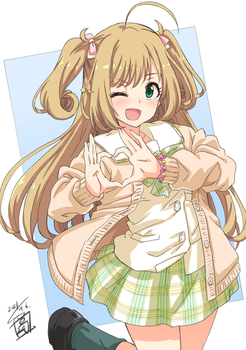 1girl absurdres ahoge blonde_hair blue_background blush breasts brown_cardigan cardigan collarbone dated green_eyes green_skirt green_socks grid_background hair_ornament hair_ribbon heart heart_hands highres idolmaster idolmaster_cinderella_girls idolmaster_cinderella_girls_starlight_stage large_breasts loafers long_hair looking_at_viewer neck_ribbon one_eye_closed open_cardigan open_clothes open_mouth pink_ribbon plaid plaid_ribbon plaid_skirt ribbon sato_shin satou_shin school_uniform sekiya_kuzuyu shirt shoes signature skirt smile socks solo standing standing_on_one_leg twintails two_side_up white_shirt