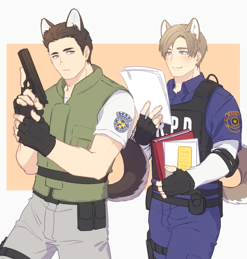 animal_ears black_hair blue_eyes blue_pants blue_shirt blush book brown_hair bulletproof_vest chris_redfield dbox_2525 dog_boy dog_ears dog_tail grey_pants gun highres holding holding_book holding_gun holding_weapon leon_s._kennedy looking_at_another pants police police_uniform policeman resident_evil resident_evil_1 resident_evil_2 shirt short_hair tail uniform weapon white_shirt