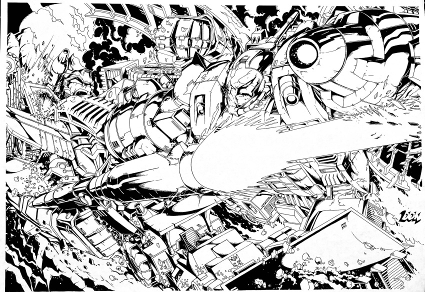 artist_name autobot clenched_hand decepticon devastator_(transformers) don_allan_figueroa english_commentary fighting fire firing greyscale gun highres holding holding_gun holding_weapon mecha monochrome omega_supreme open_mouth punching robot shoulder_cannon smoke transformers weapon