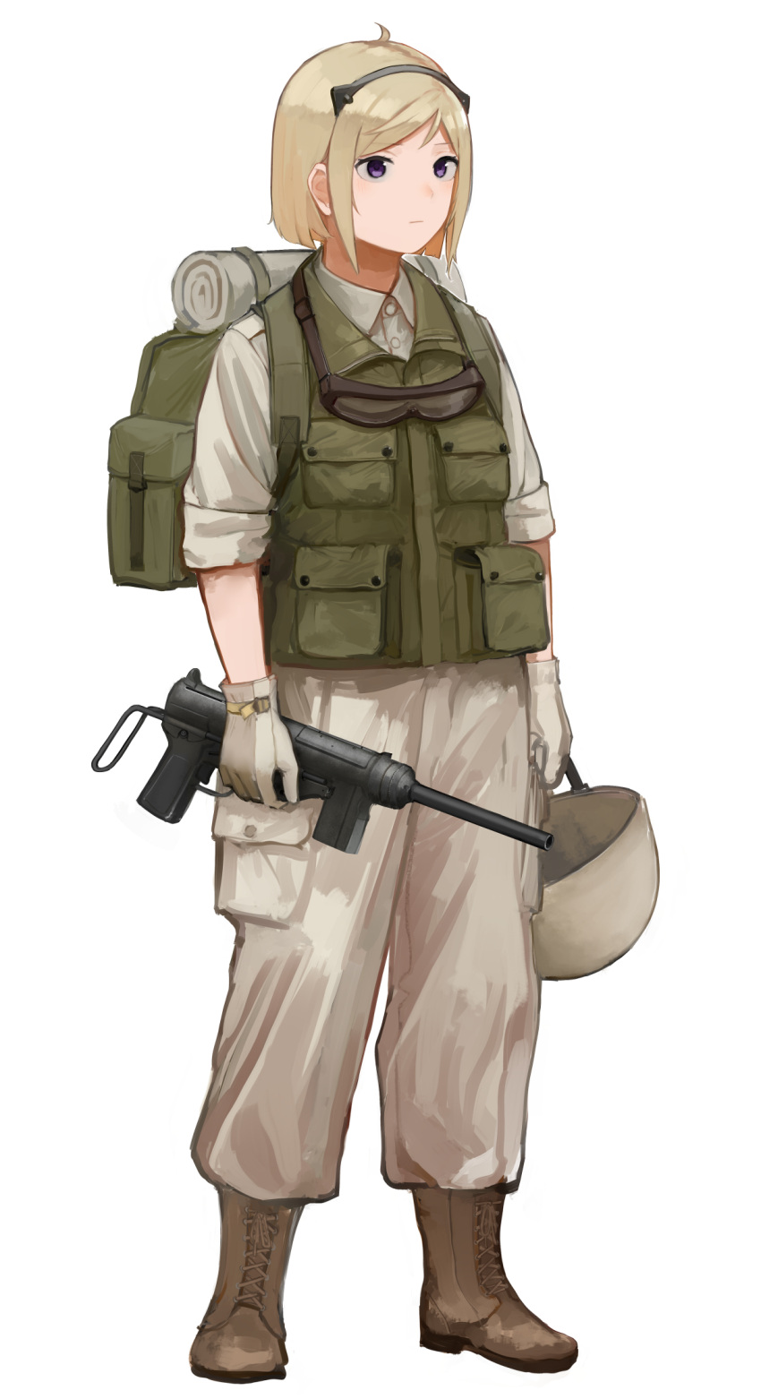 1girl animal_ears backpack bag blonde_hair bob_cut boots brown_footwear brown_pants brown_shirt closed_mouth collared_shirt combat_boots commentary cowlick english_commentary fake_animal_ears full_body girls_frontline gloves goggles goggles_around_neck green_vest gun helmet highres holding holding_gun holding_helmet holding_weapon leather leather_gloves load_bearing_equipment looking_afar m3_(girls'_frontline) m3_submachine_gun pants pocket rampart1028 shirt short_hair sidelocks simple_background sleeves_rolled_up solo submachine_gun vest violet_eyes weapon white_background