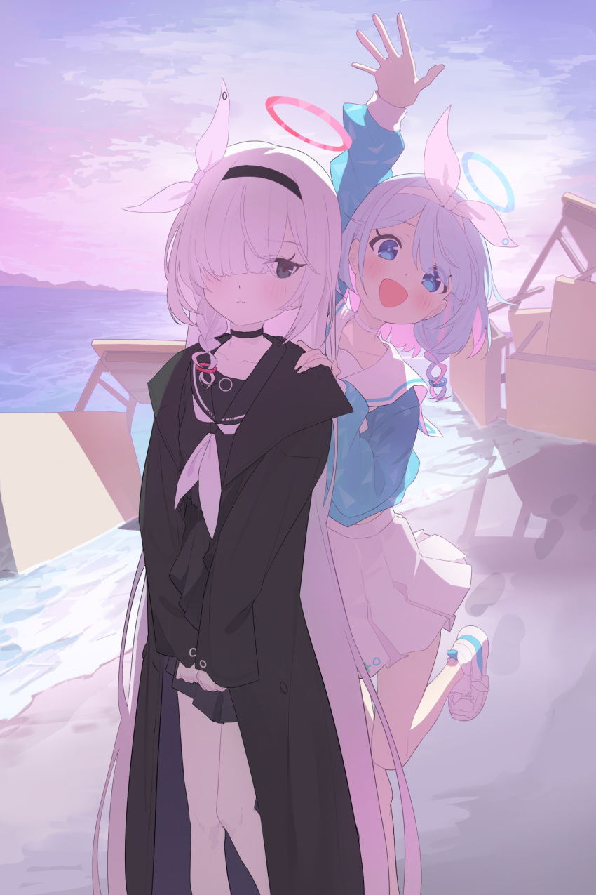2girls :d a.r.o.n.a_(blue_archive) absurdres applepie_(12711019) arona_(blue_archive) beach black_choker black_coat black_eyes black_hairband black_sailor_collar black_serafuku black_skirt blue_archive blue_eyes blue_hair blue_halo blue_pupils blue_serafuku blush braid choker coat collarbone colored_inner_hair commentary desk feet_out_of_frame footwear_ribbon hair_over_one_eye hair_ribbon hairband halo highres leg_up light_blue_hair long_hair medium_hair miniskirt multicolored_hair multiple_girls neckerchief ocean open_clothes open_coat outdoors pink_hair pink_halo pleated_skirt red_pupils ribbon sailor_collar school_desk school_uniform serafuku shoes side_braid single_braid skirt smile sneakers symbol-only_commentary very_long_hair waving white_choker white_footwear white_hair white_hairband white_neckerchief white_ribbon white_sailor_collar white_skirt