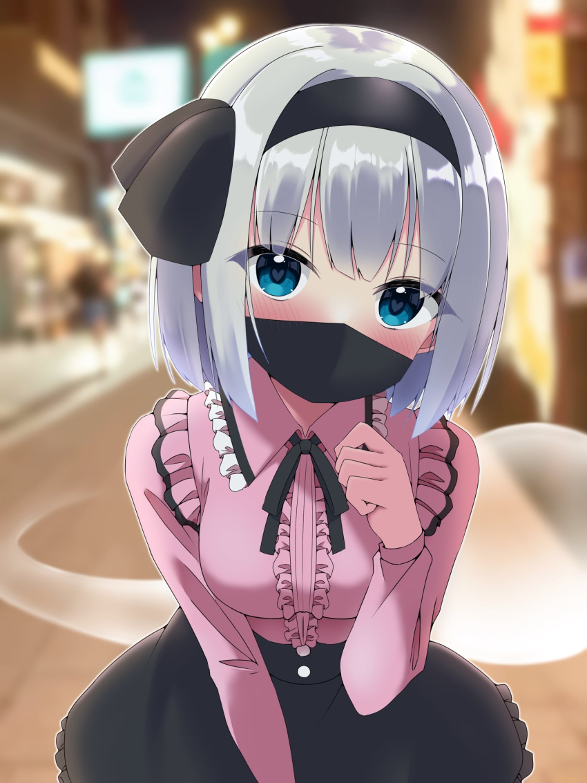 1girl alternate_costume black_hairband black_mask black_skirt blue_eyes blurry blurry_background breasts center_frills commentary_request frills ghost grey_hair hairband highres konpaku_youmu konpaku_youmu_(ghost) large_breasts long_sleeves looking_at_viewer mask mouth_mask outdoors pink_shirt shirt shishiky short_hair skirt solo touhou