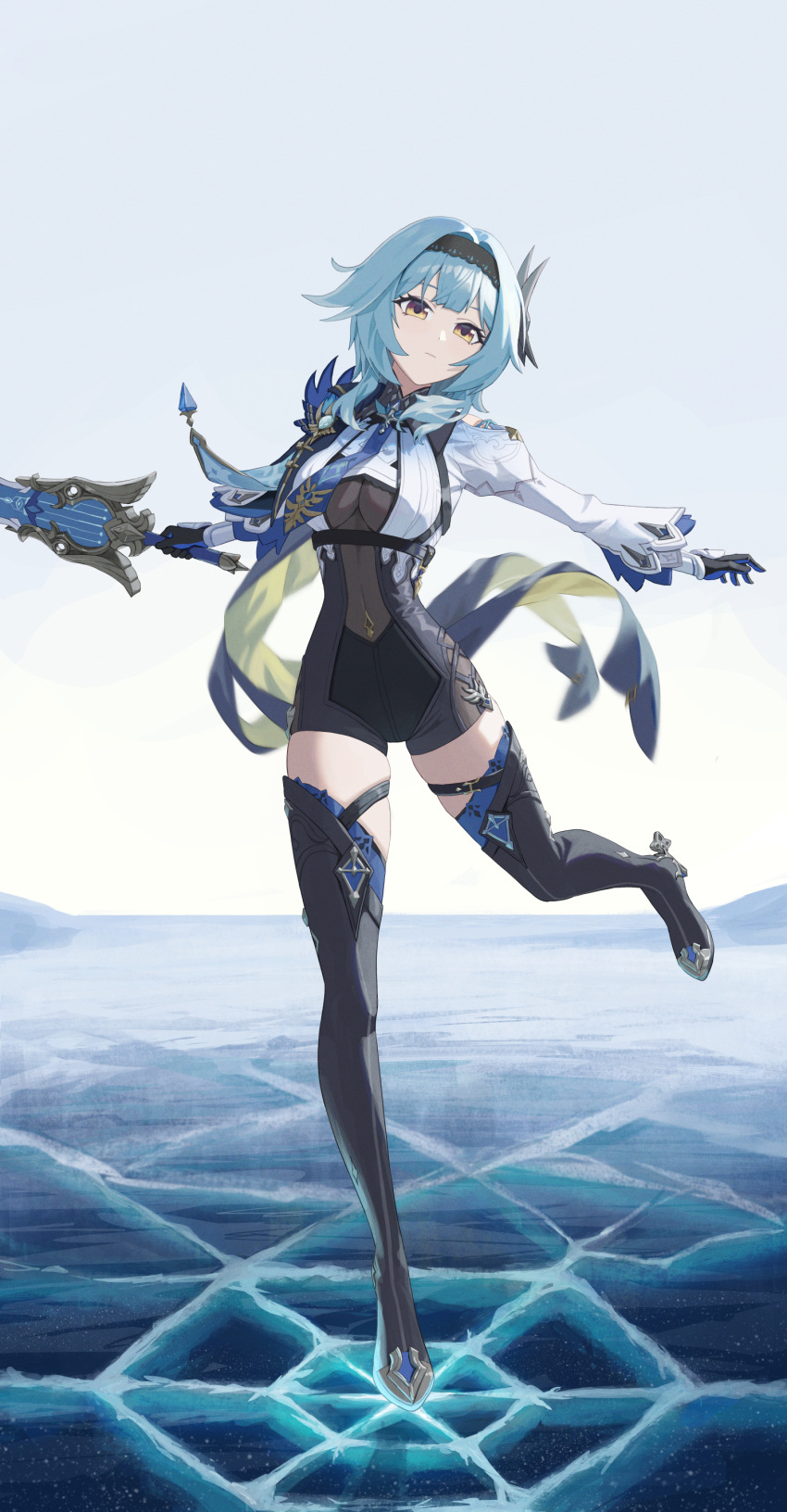 1girl absurdres black_hairband black_shorts black_thighhighs blue_hair blue_sky clouds day eula_(genshin_impact) frozen_lake genshin_impact gloves hair_ornament hairband high-waist_shorts highres holding holding_sword holding_weapon juliet_sleeves long_sleeves looking_at_viewer medium_hair non-web_source outdoors puffy_sleeves shirt shorts sky solo standing sword thigh-highs thighs weapon white_shirt wide_sleeves