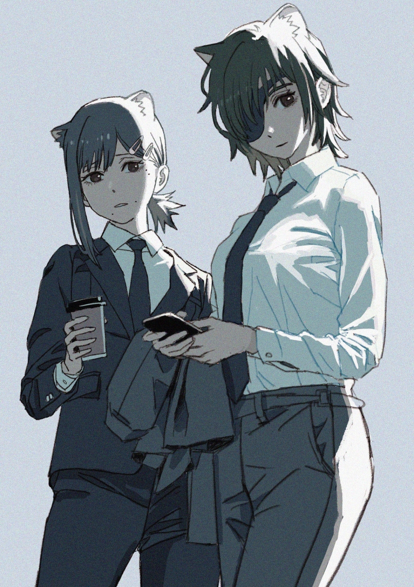 2girls animal_ears black_hair black_jacket black_necktie black_pants cat_ears chainsaw_man coffee_cup collared_shirt cowboy_shot cup disposable_cup eyepatch formal grey_background hair_ornament hairclip higashiyama_kobeni highres himeno_(chainsaw_man) holding holding_cup jacket jacket_removed looking_at_viewer multiple_girls necktie pants phone_screen shiren_(ourboy83) shirt shirt_tucked_in short_hair short_ponytail side_ponytail simple_background single_sidelock suit suit_jacket white_shirt