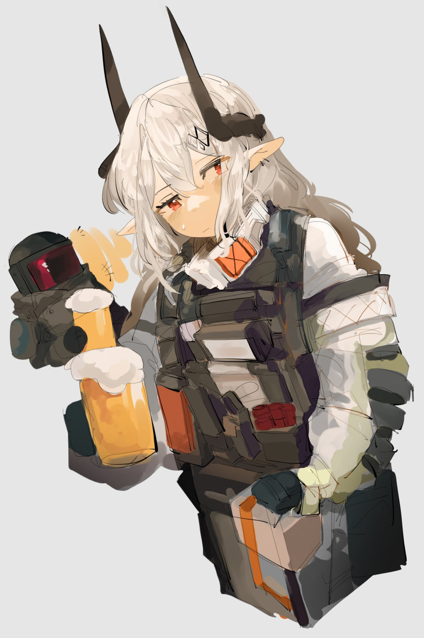 +++ alcohol arknights beer beer_mug black_gloves blush character_request closed_mouth cup gloves grey_background hair_between_eyes highres holding holding_cup horns jumpsuit long_hair long_sleeves mudrock_(arknights) mug odmised pointy_ears red_eyes simple_background sweat very_long_hair white_hair white_jumpsuit