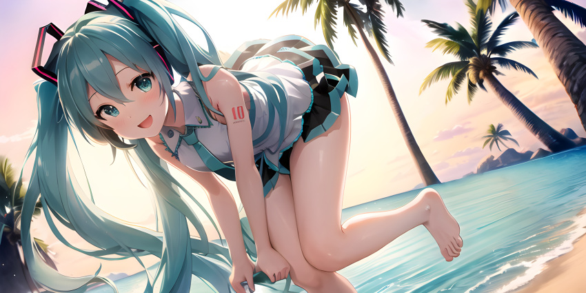 1girl :d aqua_eyes aqua_hair awwesomeai bare_shoulders barefoot beach blush day hair_between_eyes hair_ornament hatsune_miku horizon leaf long_hair looking_at_viewer miniskirt necktie number_tattoo ocean open_mouth outdoors palm_leaf palm_tree plant sand shirt skirt sky sleeveless sleeveless_shirt smile solo sunset tree twintails very_long_hair vocaloid water white_shirt