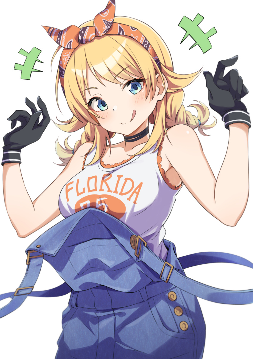 1girl :q black_choker black_gloves blonde_hair blue_eyes blue_overalls blush braid breasts choker eito12 gloves hachimiya_meguru hair_flaps hands_up highres idolmaster idolmaster_shiny_colors large_breasts low_twin_braids official_alternate_costume overalls simple_background solo tank_top tongue tongue_out twin_braids white_background white_tank_top