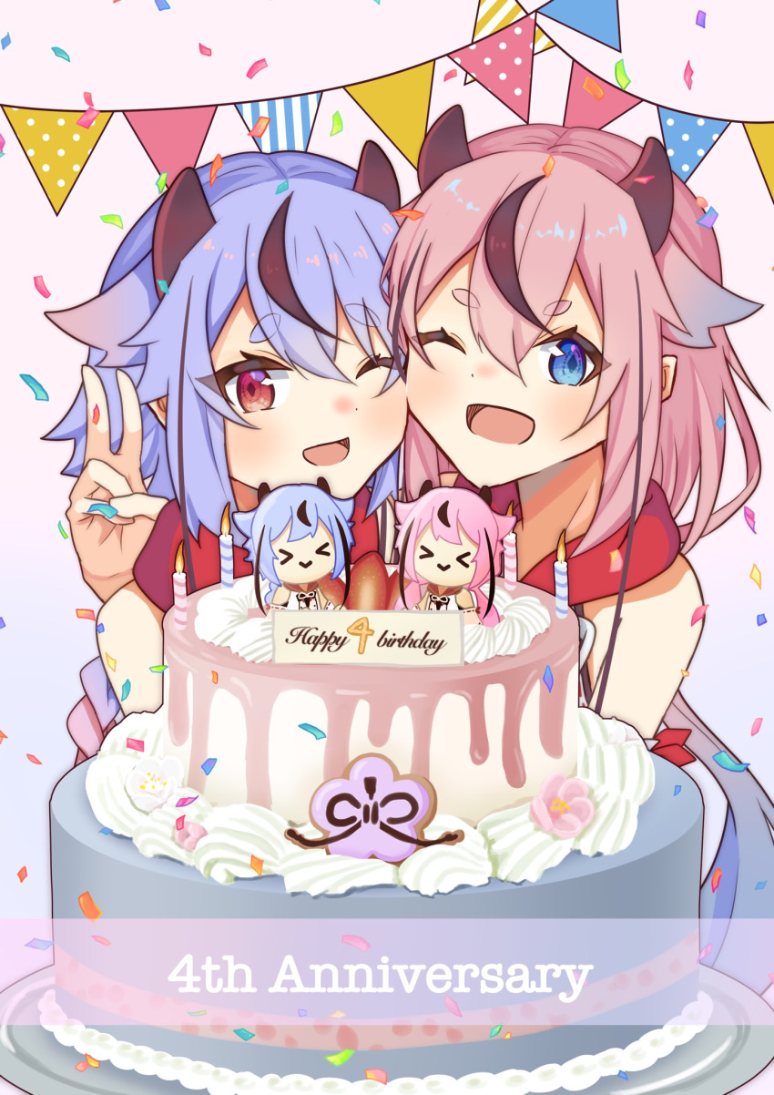 &gt;_&lt; 2girls anniversary bare_shoulders birthday birthday_cake blue_eyes blue_hair blush braid cake candle cheek-to-cheek collar commentary confetti cream flower food fruit gradient_background gradient_hair hair_flaps happy_birthday heads_together highres horns long_hair mamemamema meika_hime meika_mikoto multicolored_hair multiple_girls one_eye_closed open_mouth pink_flower pink_hair red_collar red_eyes side-by-side smile strawberry string_of_flags v vocaloid white_flower