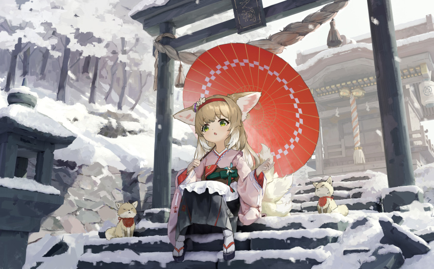 1girl absurdres animal_ears apron architecture arknights black_hakama blonde_hair bobby_socks commentary east_asian_architecture floral_print flower fox fox_ears fox_girl fox_tail frilled_apron frills full_body green_eyes hair_flower hair_ornament hairband hakama hakama_skirt hands_up highres holding holding_umbrella japanese_clothes kimono kitsune kyuubi long_hair long_sleeves multicolored_hair multiple_tails obi official_alternate_costume oil-paper_umbrella okobo open_mouth outdoors pink_kimono pinwheel pleated_skirt red_hairband red_umbrella sandals sash shijiuuuuuuu sitting skirt snow socks solo suzuran_(arknights) suzuran_(yukibare)_(arknights) tabi tail two-tone_hair umbrella waist_apron white_apron white_hair white_socks wide_sleeves winter