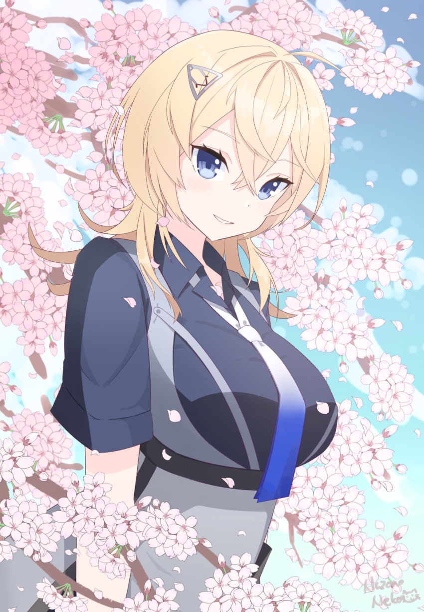 1girl ahoge blonde_hair blue_eyes blue_necktie breasts cherry_blossoms collared_shirt crossed_bangs gradient_necktie grey_necktie hair_between_eyes hair_ornament hairclip highres kantai_collection large_breasts long_hair nazono_neko necktie shirt short_hair short_sleeves solo tuscaloosa_(kancolle)