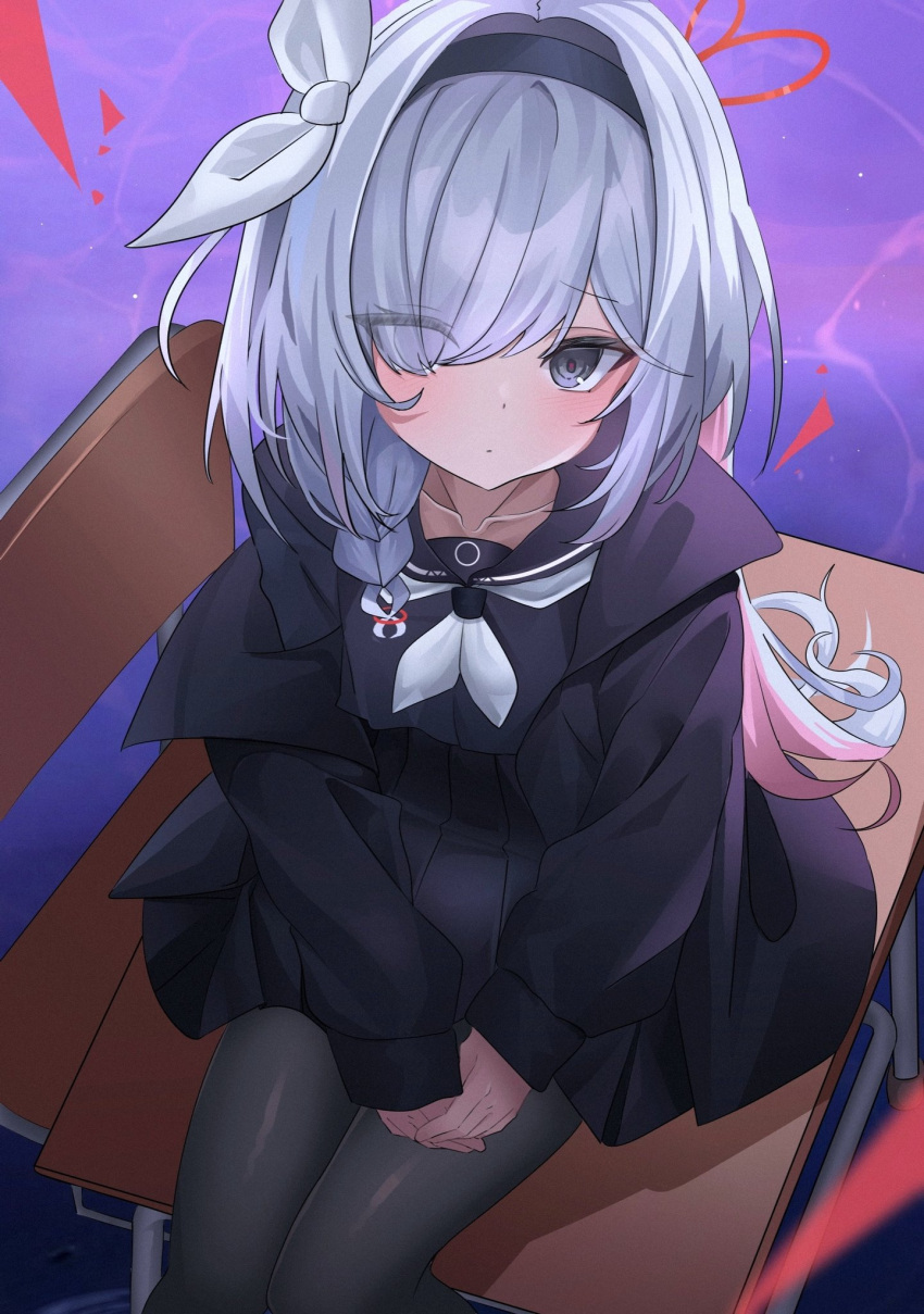1girl a.r.o.n.a_(blue_archive) black_coat black_pantyhose black_shirt black_skirt blue_archive blush bow braid chair coat desk from_above grey_eyes grey_hair hair_bow hair_over_one_eye hairband hands_on_own_thighs highres long_hair looking_at_viewer looking_up off_shoulder on_desk pantyhose poko_(user_xkuy3728) ribbon school_uniform serafuku shirt sitting sitting_on_desk skirt solo thighs